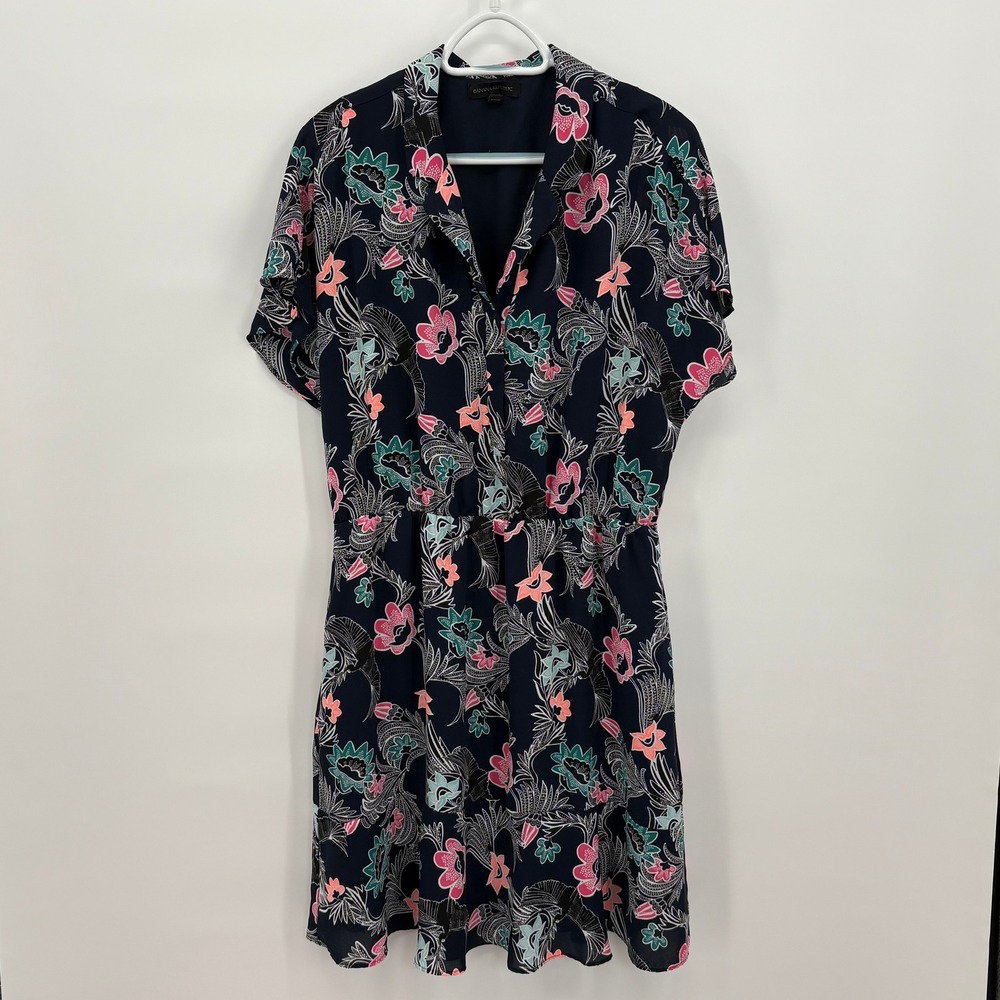 Banana Republic Womens 12P Navy Blue Kimono Floral Bird Print Short Sleeve Dress
